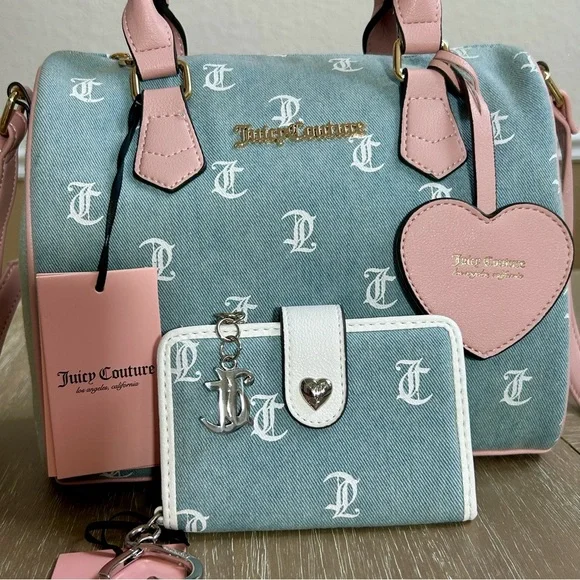 NWT Juicy Couture Gothic Denim bestseller satchel purse w wallet & heart charm - Picture 3 of 13